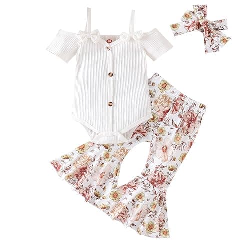 Fernvia Infant Baby Girl Clothes Suspenders Short Sleeve Ribbed Romper Flared Pants Set Headband 3pcs Summer Outfit - Image 1