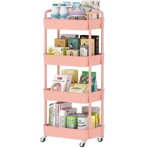 Sywhitta 4-Tier Plastic Rolling Utility Cart with Handle, Multi-Functional Storage Trolley for Office, Living Room, Kitchen, Movable Storage Organizer with Wheels, Pink - Image 1