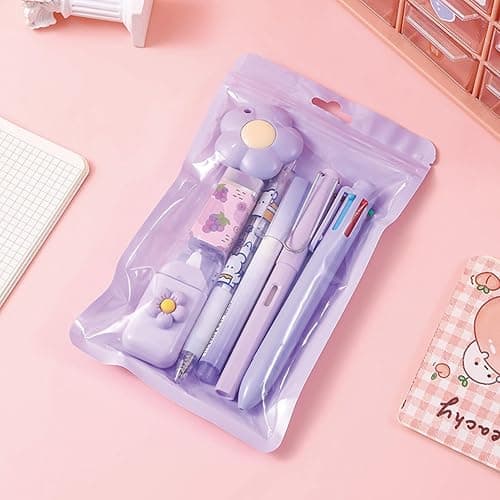 7 Pcs Cute Purple Stationery Set Kawaii School Supplies Office Supplies Including Ballpoint Pens Pencil Sharpener Highlighter Correction Tape Ruler Utility Knife (Purple) thumbnail 4