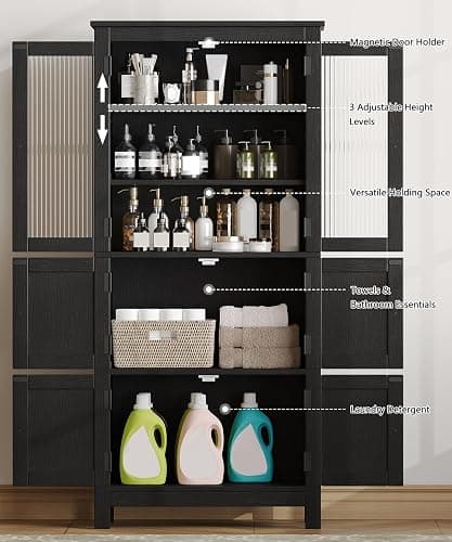 Akxomel 53.1" Tall Bathroom Storage Cabinet with 6 Doors and Adjustable Shlef, Bathroom Organizers and Storage, Linen Cabinet, Cupboard for Living Room, Kitchen, Entryway, Black thumbnail 4