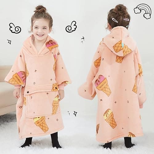 KFUBUO Wearable Blanket Hoodie for Kids Sherpa Patterns Oversized Sweatshirt Blanket With Pocket 6-10 Year Old Girl Birthday Gifts Ice Cream thumbnail 3