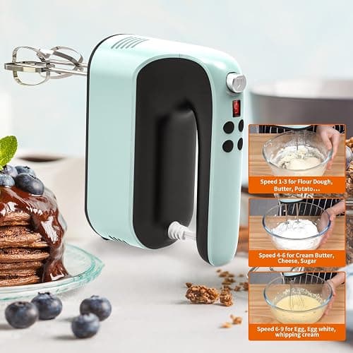 Yomelo 9-Speed Digital Hand Mixer Electric, 400W Powerful DC Motor, Baking Mixer Handheld with Snap-On Storage Case, Touch Button, Turbo Boost, Dough Hooks, Whisk (Ice Blue) thumbnail 8