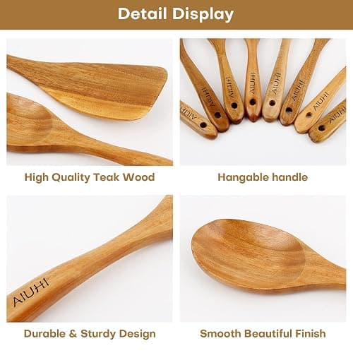 AIUHI Wood Spoons for Cooking, Nonstick Kitchen Utensil Set, Wooden Spoons Cooking Utensil Set Non Scratch Natural Teak Wooden Utensils for Cooking (Teak 8 Pack) thumbnail 5