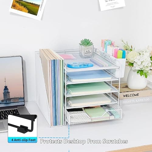Gugsey 5-Tier Desk File Organizer with Drawer & Pen Holder (White) | Desk Organizers and Accessories, Office Desk Accessories & Workspace Desktop Organizers for Classroom, Home, Office Supplies thumbnail 5