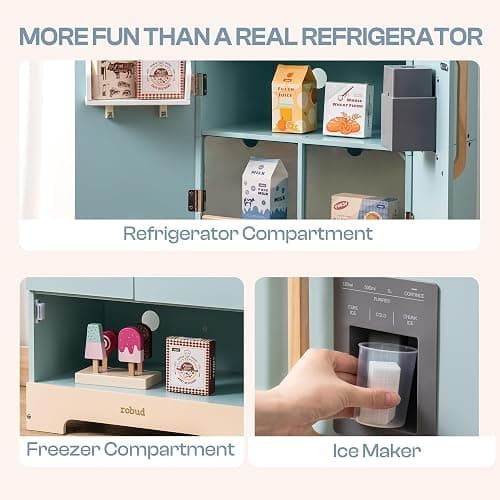 ROBUD Fridge Refrigerator with Ice Dispenser, Wooden Play Fridge Freezer Set for Kids, Toddler Kitchen Playset with Full Accessories Pretend Play Set, Gift for Boys & Girls, Age 3+ thumbnail 6
