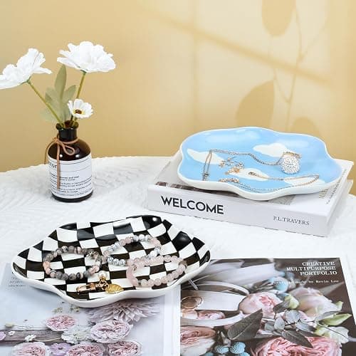 Koythin Jewelry Tray, Ceramic Jewelry Dish Trinket Tray Organizer, Checkered Pattern Aesthetic Decorative for Kitchen, Bathroom (Black and White Checkerboard) thumbnail 6