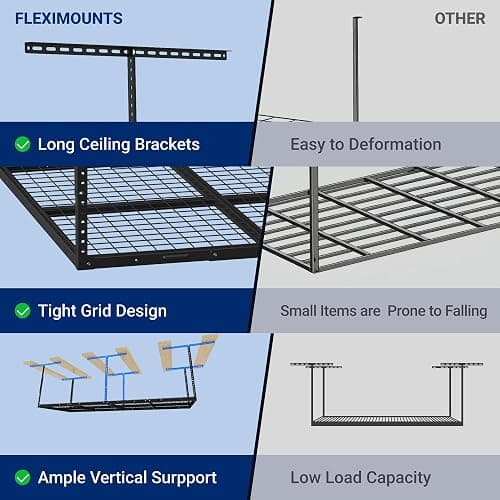 FLEXIMOUNTS 4x8 Overhead Garage Storage Rack, Adjustable Organization System, Heavy-Duty Metal Ceiling Racks, 750lbs Weight Capacity, Black, Classic Series thumbnail 5