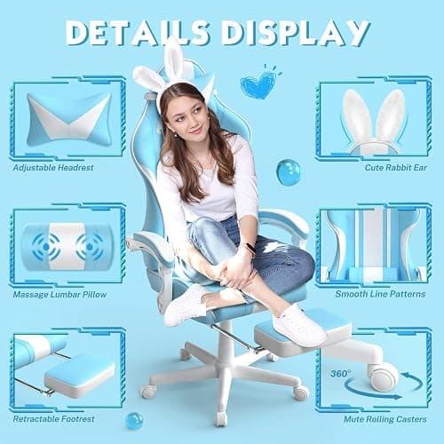 Ferghana Kawaii Light Blue Gaming Chair with Bunny Ears, Ergonomic Cute Gamer Chair with Footrest and Massage, Racing Reclining Leather Computer Game Chair 250lbs for Girls Adults Teens Kids thumbnail 4