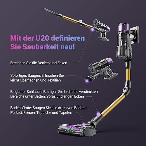 Ultenic U20 Akku Staubsauger, 55000Pa/ 600W/60Min Staubsauger Kabellos Mit Selbststehendes Design, Flexibles Biegegelenk, GreenEye-Technologie, Anti-Tangle Bodenbürste für Hartböden Teppiche Tierhaare thumbnail 13