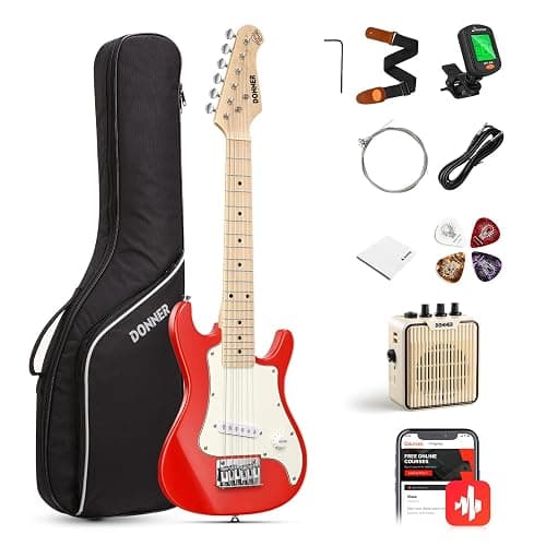 Donner 30 Inch Kids Electric Guitar Beginner Kits ST Style Mini Electric Guitar for Boys Girls with Amp, 600D Bag, Tuner, Picks, Cable, Strap, Extra Strings, DSJ-100, Red - Image 1