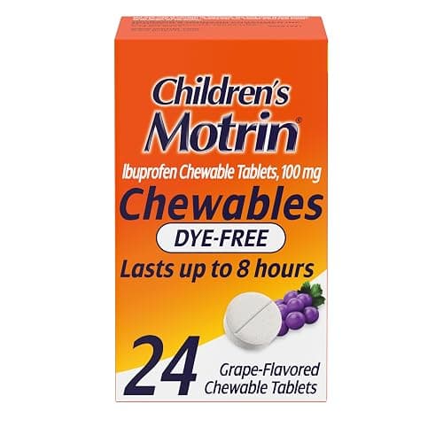 Motrin Children's Dye-Free Chewable Tablets with Ibuprofen, Kids' Fever Reducer & Pain Reliever for Sore Throat, Fever, Toothache & Pain Relief, Grape Flavor, 24 Ct - Image 1