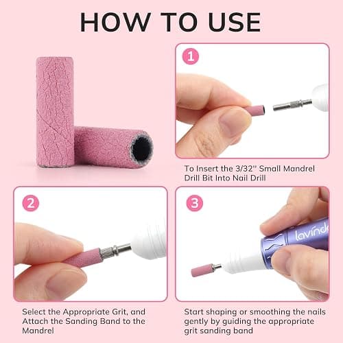 Lavinda Small Sanding Bands Nail Drill Bit, 80 Piece Extra Fine Sanding Bands for Nail Drill with 3.1mm Mandrel Bit for Acrylic Nails Gel Removing Shaping Polishing Nail Salon Use (240 Grit, Pink) thumbnail 6