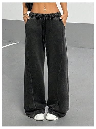 OYOANGLE Women's Wide Leg Y2K Vintage Sweatpants Loose Straight Hip Hop Streetwear Pants with Pockets thumbnail 2