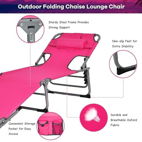 GYMAX Tanning Chair, Folding Beach Lounger with Face Arm Hole, Adjustable Backrest, Side Pocket, Pillow & Carry Handle, Outside Sunbathing Lounge Chair for Patio, Poolside, Lawn (1, Pink) thumbnail 5