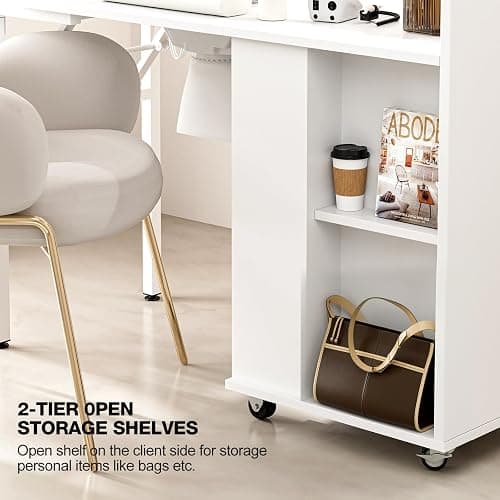 Paddie Foldable Manicure Nail Table with Glass Shelf, Folding Nail Tech Desk w/Dust Collector, 2 Open Shelves & 2 Drawers, Wrist Pad, Lockable Wheels, Storage Desk for Nail Tech（White） thumbnail 5