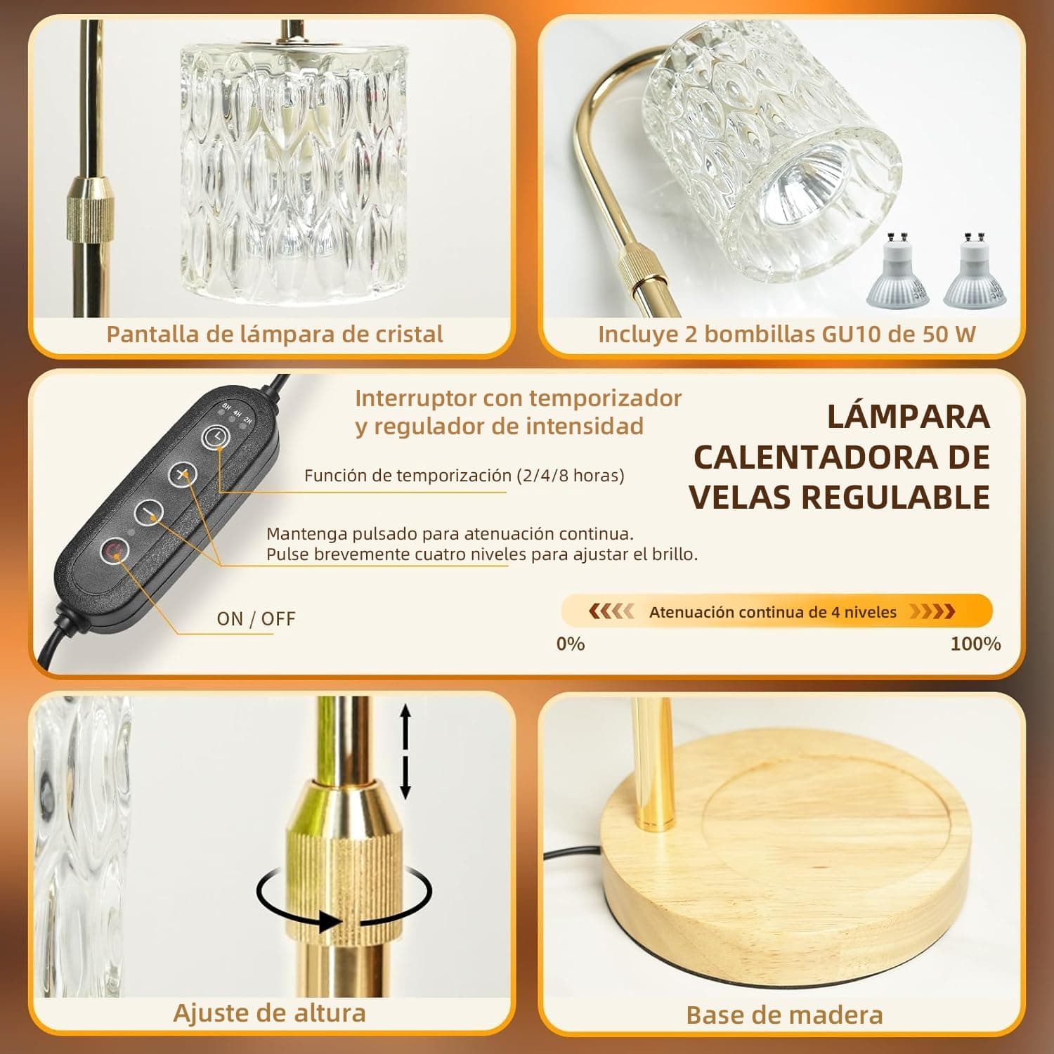 Lampara Calentadora de Velas con Atenuador y Temporizador, Lámpara para Velas Aromáticas con Altura Ajustable, incluye 2 Bombillas de 50W, Ideal para Mamá y Mujeres, Decoración del Hogar (Dorado) thumbnail 2