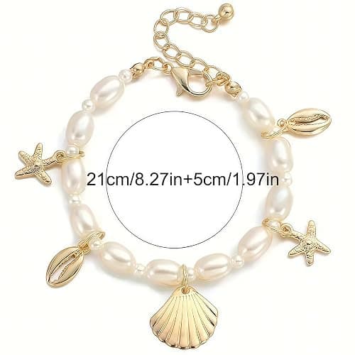 Qceasiy Shell Ankle Bracelet Set for Women, Gold Plated Boho Bead Adjustable Anklet, Hawaiian Beach Seashell Pearl Heart Starfish Conch Foot Jewelry Gifts thumbnail 6