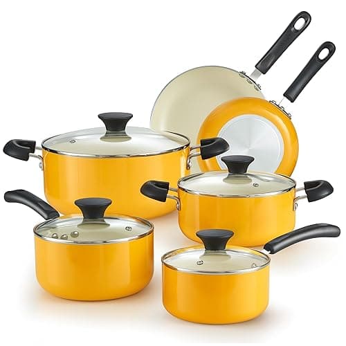 Cook N Home Pots and Pans Set Nonstick, 10-Piece Ceramic Kitchen Cookware Sets, Nonstick Cooking Set with Saucepans, Frying Pans, Dutch Oven Pot with Lids, Yellow - 10-Piece - Yellow