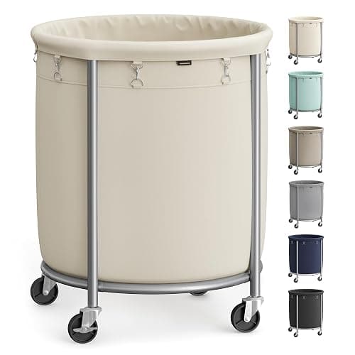 SONGMICS 50.2-Gallon (190 L) Laundry Basket with Wheels, Rolling Round Heavy-Duty Laundry Hamper Cart with Steel Frame and Removable Bag, 2 Locking Wheels, Cream White and Metallic Silver URLS01MZ - Image 1