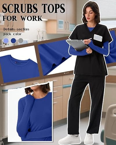 Neer 3 Pack Womens Underscrub Shirts Long Sleeve Crewneck Tops Fitted Layering Clothes Comfort Knit Tops for Nurse thumbnail 2