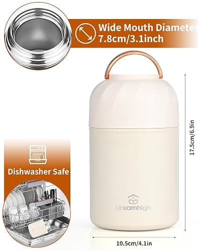 Dreamhigh® Thermos Alimentaire Chaud 850 ml, Acier Inoxydable Boite Repas Isotherme avec Poignée, boite alimentaire isotherme avec Cuillère, sans BPA, pour Ecole, Bureau, Camping (Blanc) thumbnail 2