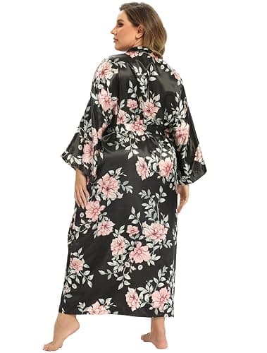 feslieacc Women's Floral Long Satin Robes Plus Size Long Silk Robes Peacock Floral Kimonos Sleepwear Dressing Gown thumbnail 5