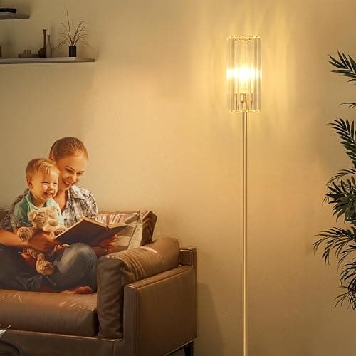 HMVPL Gold Floor Lamp for Living Room, Brass Pole Standing Lamp with K9 Crystal Shade, Modern Corner Standing Lamp for Bedroom with On/Off Switch, Elegant Crystal Tall Lamp for Office Kids Girls Room thumbnail 2
