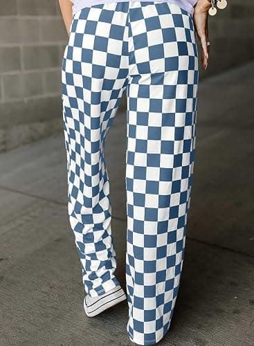 Acelitt Womens Casual Checkered Pants Elastic Waist Comfy Loose Wide Leg Pants with Pockets thumbnail 2