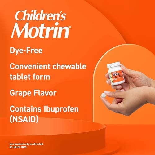 Motrin Children's Dye-Free Chewable Tablets with Ibuprofen, Kids' Fever Reducer & Pain Reliever for Sore Throat, Fever, Toothache & Pain Relief, Grape Flavor, 24 Ct thumbnail 3