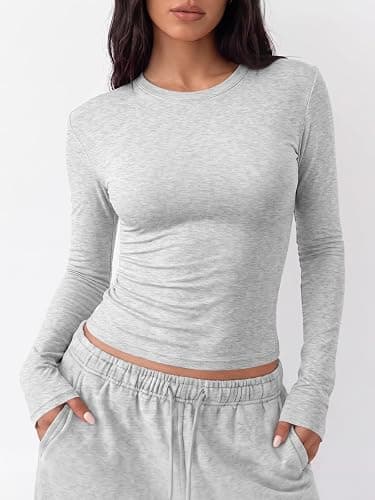 Trendy Queen Cotton Long Sleeve Shirts for Women | Ultra Soft Cotton Blend Slim Fit Crew Neck Tee, Stretchy Basic Layering Top for Fall, Winter & Spring thumbnail 2