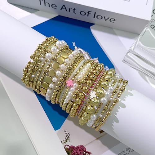 Gold Beaded Bracelets Set for Women Stretch Elastic Stackable Bracelets Dainty Round Bead Ball Pearl Cross Bracelet Stack Enewton Stretchable Bracelet Jewelry Christmas Mothers Day Gifts thumbnail 5