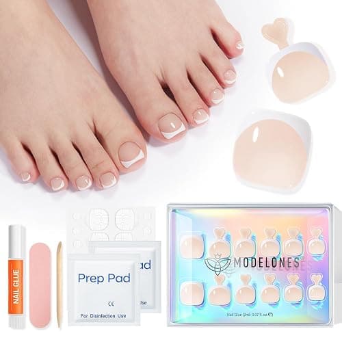 Modelones Press on Toenails Short, Nude French Tip Toe Nails Square, Reusable Nail Kit with Nail Glue Adhesive Tabs Mini Nail File, Toe Nails 36Pcs 18Sizes, Summer Spring Women Girl Gift thumbnail 9