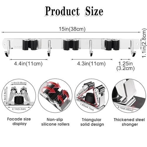 3 Racks and 4 Hooks Broom and Mop Holder Wall Mounted Garage Organizer Storage Tool Racks Stainless Steel Heavy Duty Hooks Self Adhesive Solid Non-slip Wall Hangers for Home Kitchen Garden Laundry thumbnail 2