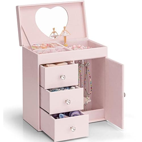 Vlando Musical Jewelry Box for Girls, Large Kid Music Box with Ballerina for Birthday Bedroom Decor, 4 Layer Girl Jewelry Gifts for Girls Kids - Light Pink - Light Pink