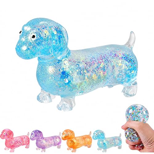 Dachshund Squishy, Glitter Weiner Dog Maltose Stress Ball, Slow Rise Fidget for Anxiety Relief, Soft Squeeze Desk Gadget for Home Office Travel (Blue) - Image 1