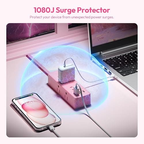 NTONPOWER Pink Extension Cord 10 ft, 1080 Joules Surge Protector Power Strip with 6 Widely Outlets 3 USB (1 USB C), Flat Plug Extension Cord Power Strip Long Cord for Home Office Dorm Room Essentials thumbnail 7