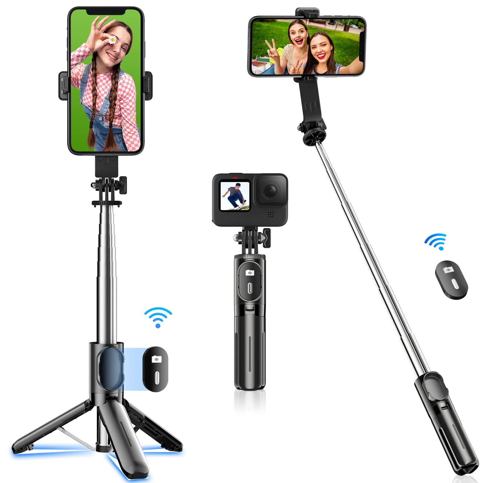 Portable Phone Tripod Stabilizer, 71cm Extendable Travel Tripod for iPhone with Remote Control, Adjustable Selfie Stick, Foldable Phone Stand for 4-7" iOS/Android/Cam/GoPro/Selfie/Streaming -Black - Image 1