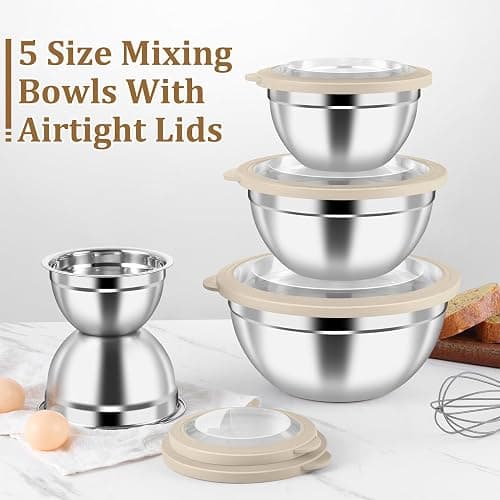 P&P CHEF Metal Mixing Bowls with Lids Set, Visible Airtight Lids & Khaki | 5 PCS Stainless Steel Mixing Nesting Bowls for Kitchen Prepping, Storing, Healthy & Easy Clean, Size 4.6, 3, 1.5, 1, 0.7 QT thumbnail 7