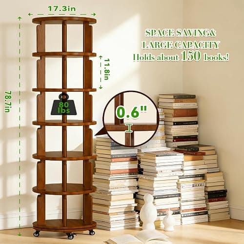 Azlafu 6 Tier 360° Rotating Solid Wood Bookshelf with Wheels, Lazy Susan Circular Spinning Revolving Corner Bookcase, Freestanding Storage Shelf for Bedroom Small Space, Walnut thumbnail 2