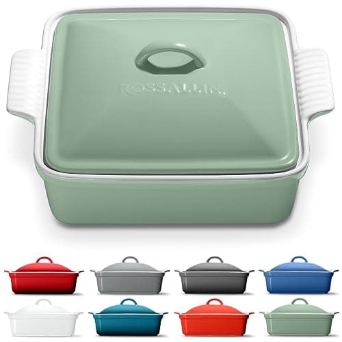 ROSSALLINI Stoneware Casserole Dish Bakeware with Lid | Covered Square Dinnerware | Medium 2 Quart, [Sage Green] - Image 1