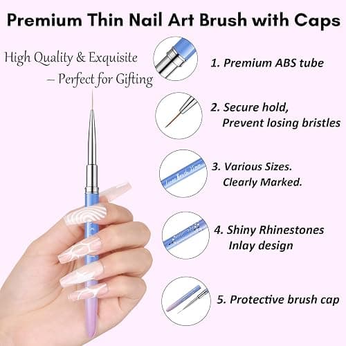 Makartt Nail Art Brushes Set: 5pcs Liner Brushes 7/9/11/15/25mm Thin Nail Art Design Brush with Cap Nail Polish Brush for Builder Gel 3D Nail Gel French Tip Tool Nail Painting thumbnail 3