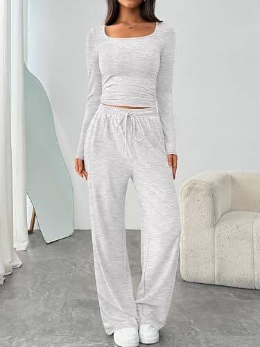 Trendy Queen 2 Piece Scoop Neck Lounge Set Womens Wide Leg Pants Side Ruching Slightly Crop Top Sweatsuit Sets With Pockets thumbnail 2