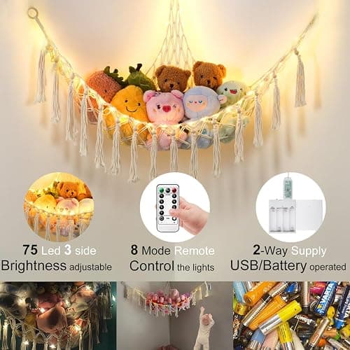 Stuffed Animal Hammock with 75LEDs, Extra Large 55in Toy Storage Macrame Hammock, Hanging Toy Net for Kids Bedroom Doll Room Corner Organizer, USB Plush Toy Hammock with Remote(XL) thumbnail 2