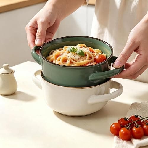 MONITO Ceramic Salad Bowl with Handles, 28 oz French Onion Soup Bowls, Ceramic Soup Bowls for Cereal, Pasta, Chilli, Beef Stew, Stackable Serving Bowl Set of 4 (28 OZ) | Ceramic Soup Bowls with Handles for Cereal,Pasta,Chilli,Beef Stew,Stackable Serving Bowl Set of 4 thumbnail 5