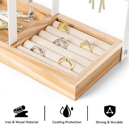 DreamGenius Jewelry Organizer Stand with Velvet Ring Holder, 4 Tier Jewelry Holder Organizer with 11 Hooks for Necklaces and 132 Holes for Earrings, White thumbnail 6