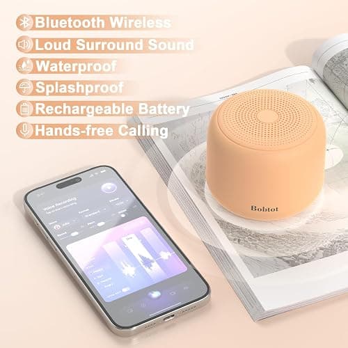 Bobtot Portable Bluetooth Speakers with Strap Easy to Carry, Wireless Waterproof Mini Speaker with Loud Stereo Sound, 20 Hours Playtime, Rechargeable Battery, Built-in Microphone, Orange thumbnail 2