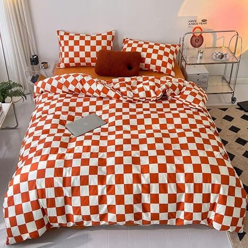 KAREVER Orange Grid Bed Sheet Set Orange White Checkered 4 Pieces Bedding Sheet Set 1 Fitted Sheet 1 Flat Sheet with 2 Pillowcases Orange Plaid Sheet Queen Size thumbnail 4
