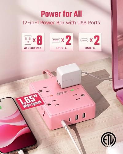 SUPERDANNY Pink Extension Cord 10Ft, Flat Plug Power Strip Surge Protector | 8 Outlets & 4 USB Ports (2 USB C), Cute Pink Stuff Room Decor, Home Office Kawaii Pink Cute Desk Accessories for Girls thumbnail 3