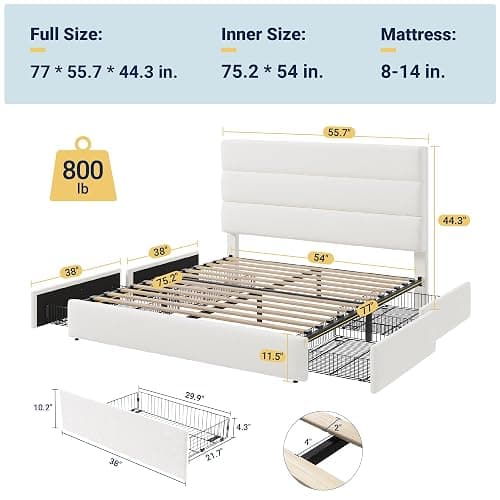 Allewie Modern Full Size Platform Bed Frame with 4 Storage Drawers and Velvet Upholstered Headboard, Wooden Slats Support, Upholstered Mattress Foundation/No Box Spring Needed/Easy Assembly, White thumbnail 2