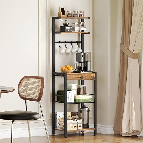 YATINEY Bakers Rack, 5-Tier Coffee Bar Station, Coffee Stand with Pod Drawer Holder, Versatile Kitchen Storage Rack with 4 Hooks, for Living Room, Cafe Corner, Rustic Brown and Black KF01BRY1 thumbnail 9